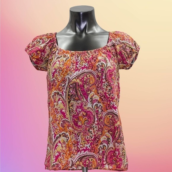 ANN Taylor LOFT Short Puff Sleeve Paisley Blouse - Picture 10 of 11